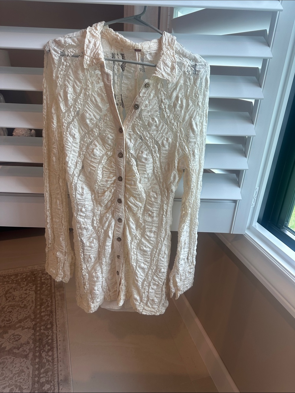 Free People Cream Button-Front Textured Long Sleeve dress